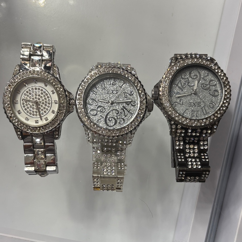 BKE Silver, Clear, and Black Rhinestone Watches